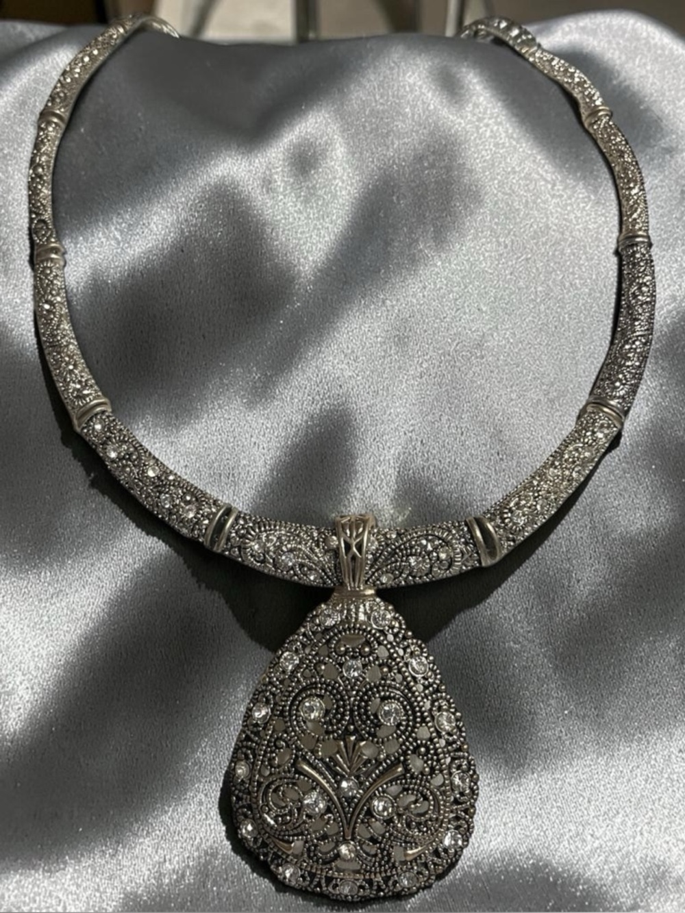 Premier Designs Silver Tone Pavé Statement Collar Necklace w/ Filigree Drop Pend